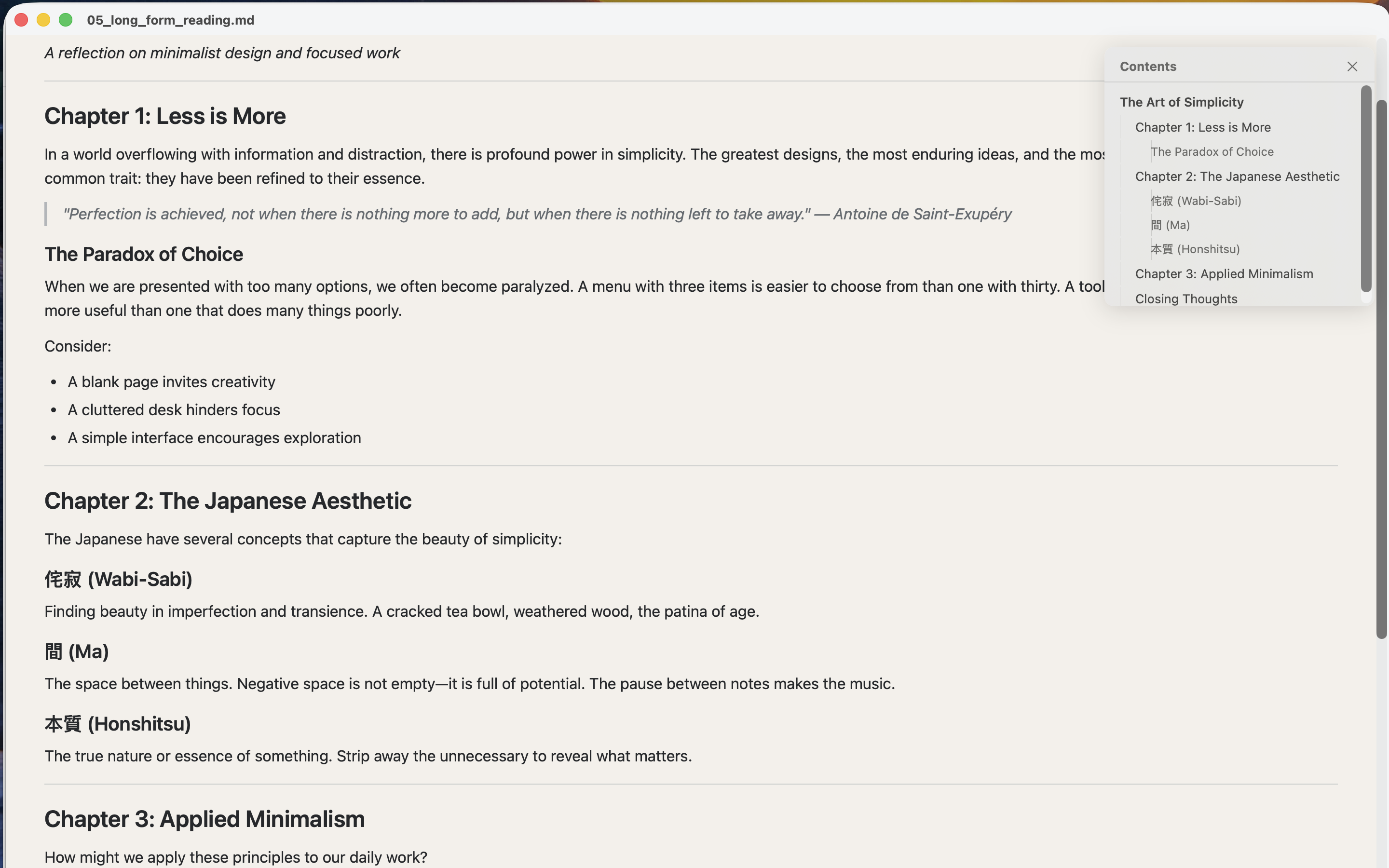 Filo rendering a Markdown document with table of contents sidebar